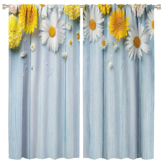 Garden Floral Window Curtains,Rustic Farmhouse Vintage Country Daisy Flowers Wood Plank Style Rod Sleeves Window Drapes for Living Room Bedroom Kitchen Bathroom Decor W42xL45in