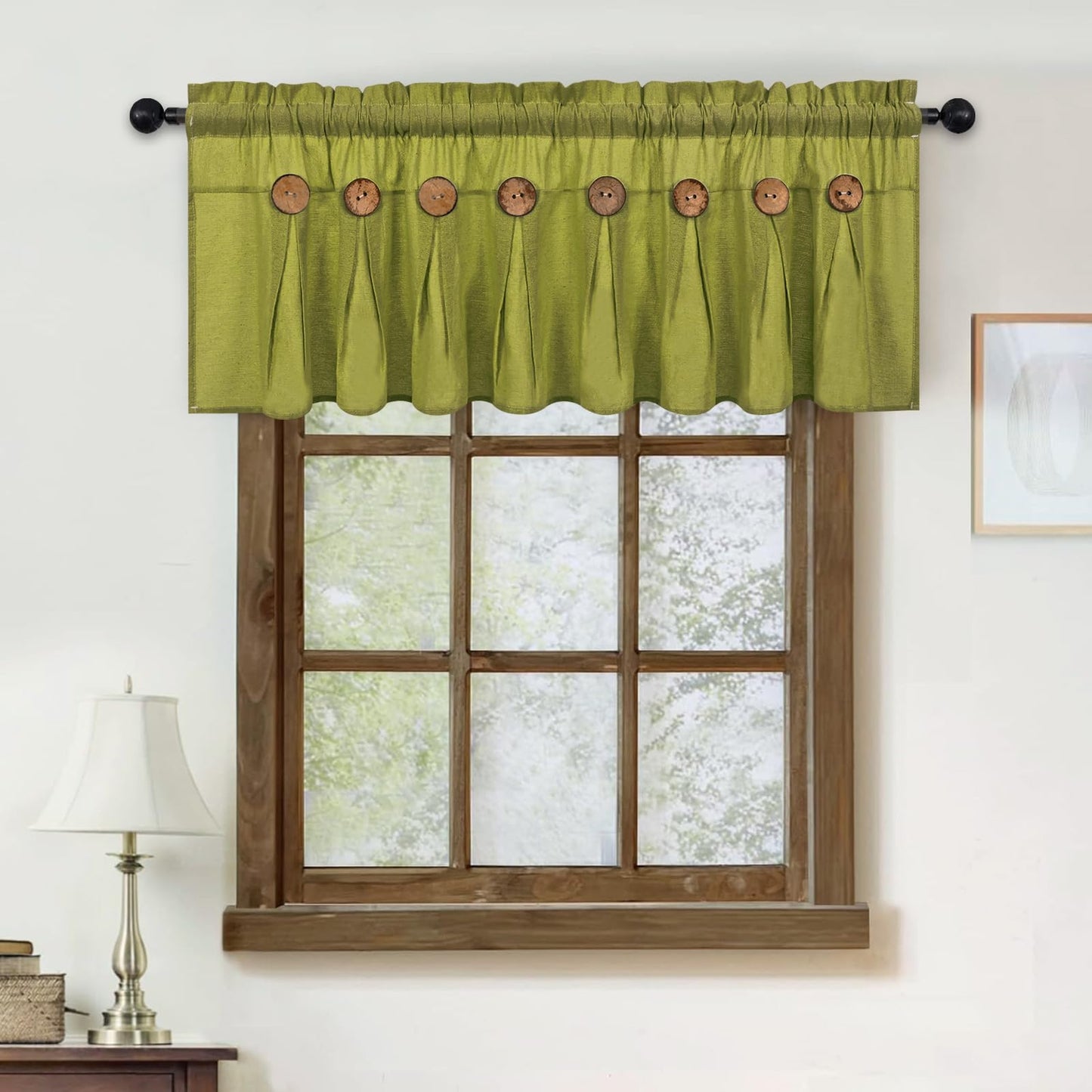FRAMICS Farmhouse Valance Curtains, Boho Cotton Linen Kitchen Valance, Fresh Green Rustic Button Window Valances for Kitchen Bathroom, Rod Pocket Valances for Windows, Fresh Green, 52 x 18 Inch