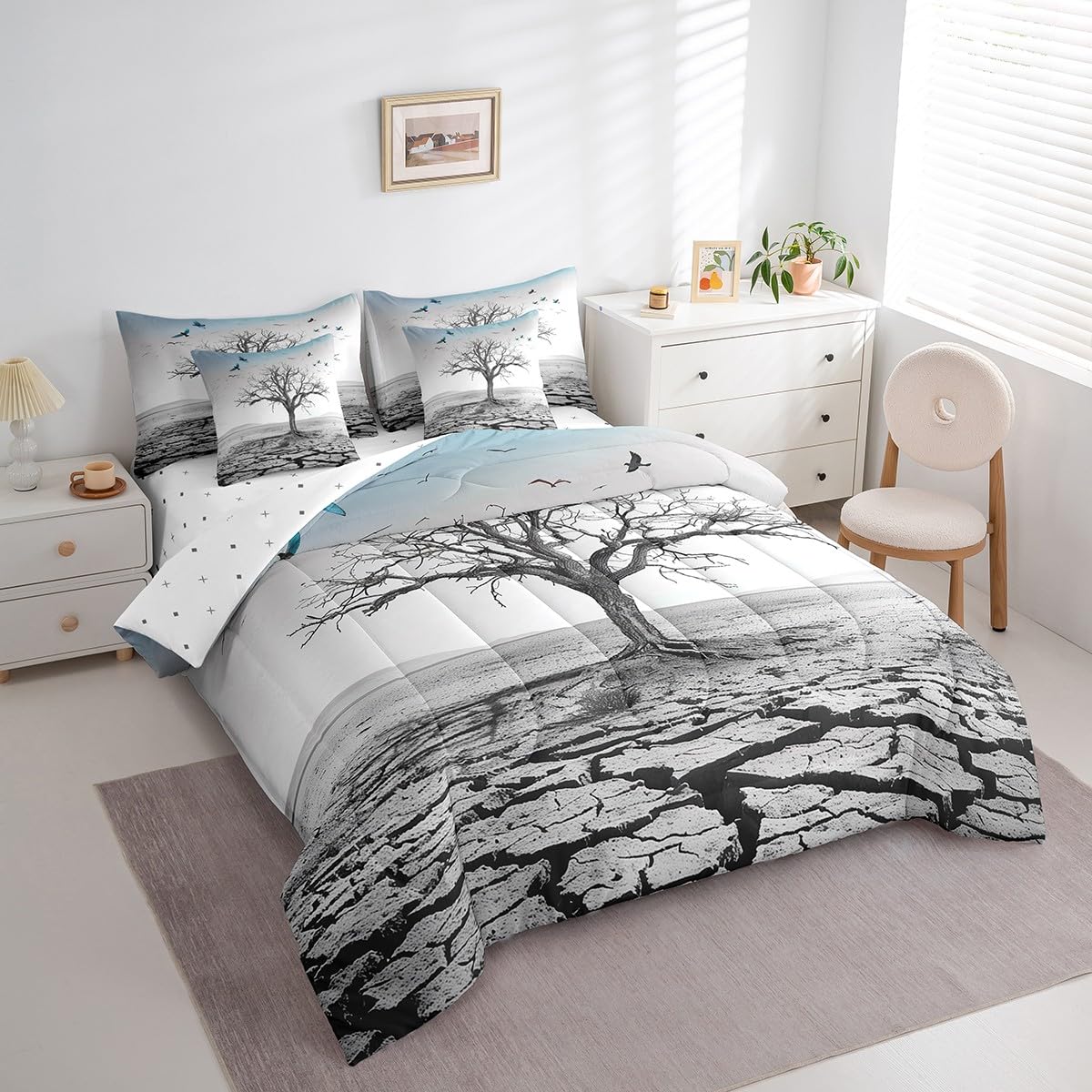 Homewish Natural Style Reversible Comforter Set 7 Piece King Size,Tree Branch Blue Birds Animal Print Bed Sheet Set Abstract Art Room Decor Modern Bedding Set with Comforter,Fitted & Flat Sheet