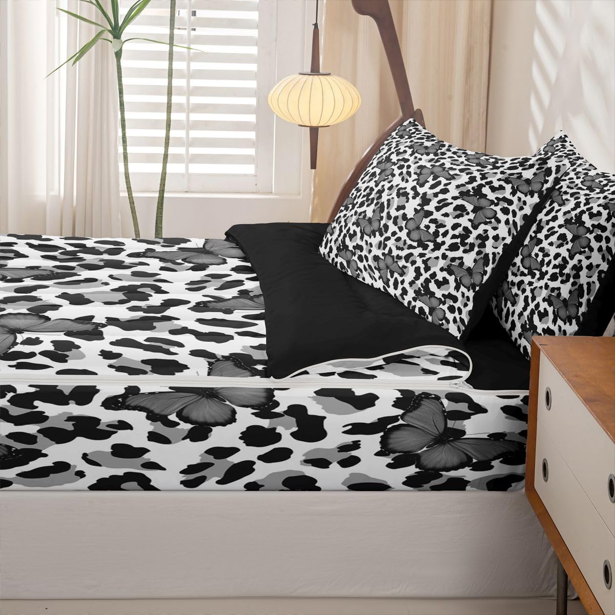 Feelyou Leopard Print Queen Zipper Bedding Set Black Gray Butterfly Kids Comforter Set with Fitted Sheet and 2 Pillowcases Girl Butterflies Bed in a Bag Zip Up Bedding Soft Microfiber
