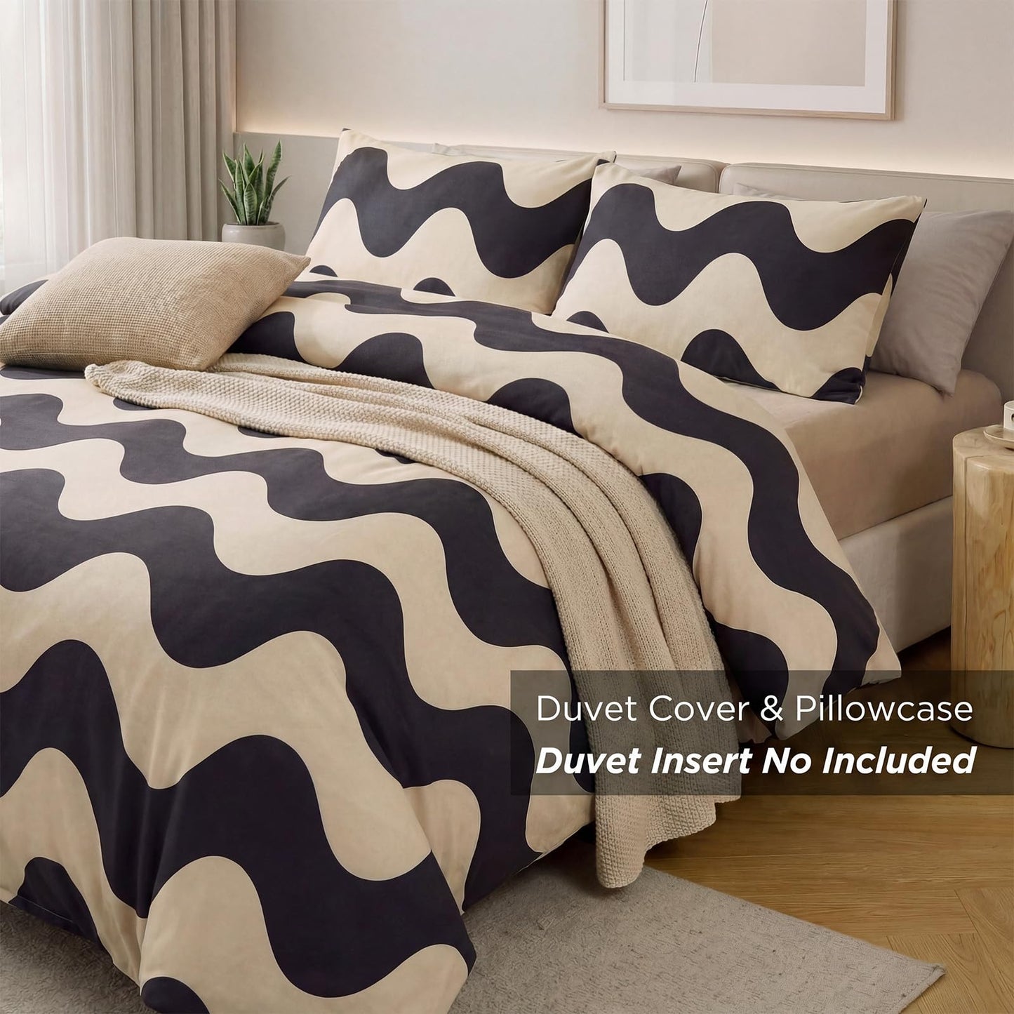 Cozaline 100% Cotton Duvet Cover Queen Size,Cream White Black Geometric Striped Pattern Bedding Set with Zipper Closure, 3 Pcs Breathable and Soft Minimalist Modern Duvet Cover