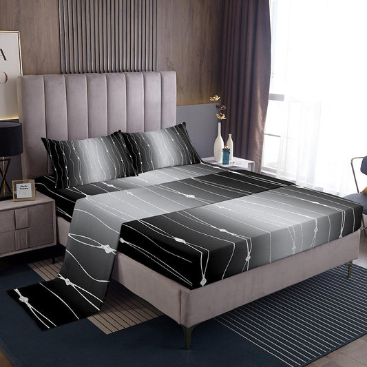Erosebridal Black and Grey Bed Sheets Set Gradient Ombre Queen Size Sheet Sets, Wave Lines Dots Sheets Aesthetic Bed Set Modern Abstract Flat Sheet Bedroom Decoratives 4-Piece