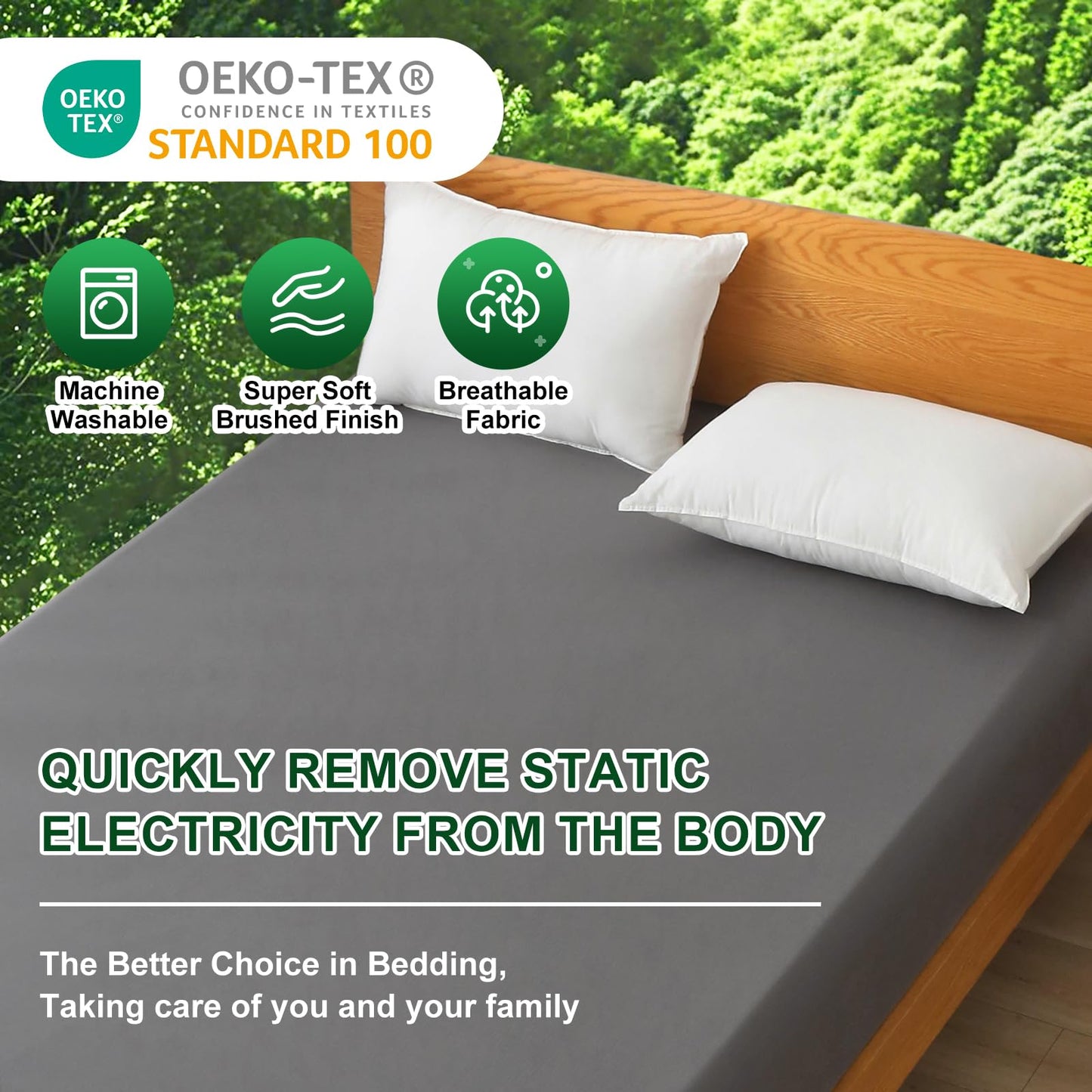 Ivellow Grounding Sheets Queen 10% Pure Silver Fiber 90% Organic Cotton Fitted Sheet Queen Size 16” Deep Pocket Soft Grounded Sheets Earth Connected Bedding Fitted Earth Sheet with Grounding Cord Grey
