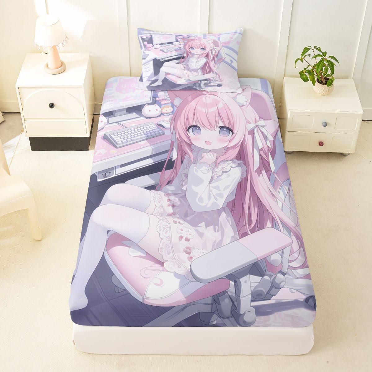 Erosebridal Kawaii E-Sports Girl Sheets Twin for Kids 3D Japanese Girl Sheet Set for Boys Girls Girly Gaming Bed Sheets Set Anime Gifts for Her Top Fitted Sheet Twin 3 Pieces