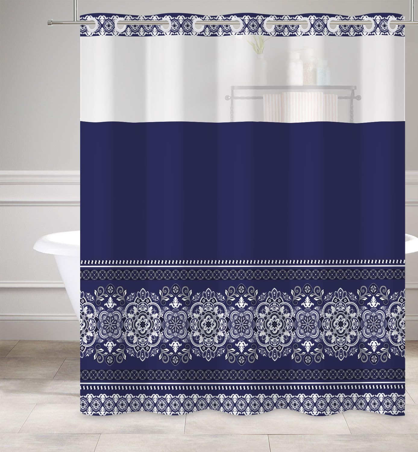 Baocicco No Hook Boho Pattern Shower Curtain Snap Liner Dark Blue Bohemian Striped Shower Curtains for Luxury Hotel Grade Spa-Like Bathroom Decor Minimalist Double-Layered Shower Curtain 71x74 Inch