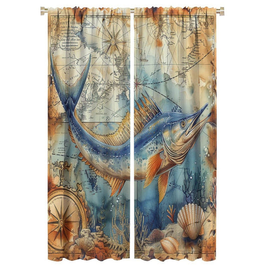 TOWINSFB Nautical Compass Marlin Fish Blackout Curtains, Old Medieval Ocean Map Coral Home Decor Rod Pocket Window Drapes for Living Room Bedroom - 2 Panels, Each 21" W x 63" L