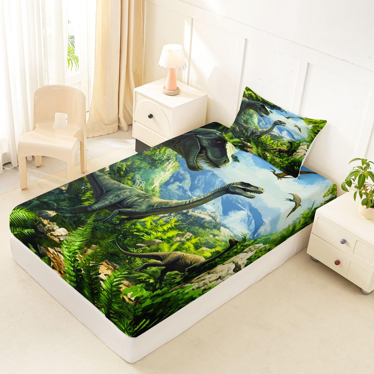 Feelyou Dinosaur Bed Sheets Sets Twin Size Kids Boys Girls 3D Digital Print Bedding Set Jungle Dino Bed Sheet Set with 16-Inch Deep Pockets Wild Animal 3Pcs with 1 Pillow Cases Green Blue White