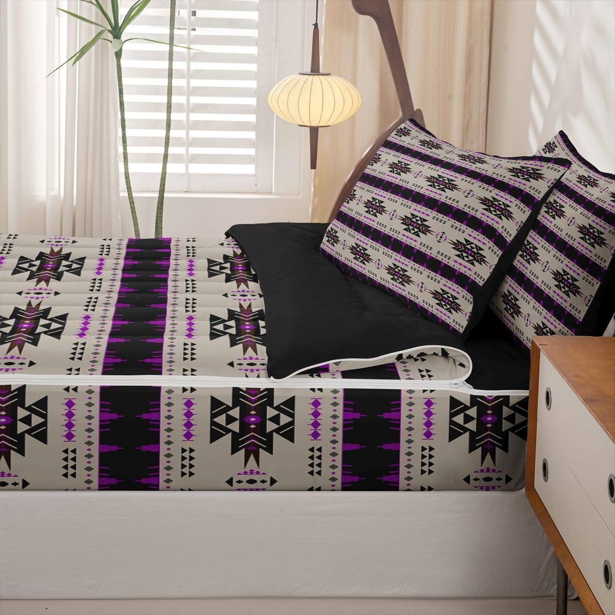 Vintage Exotic Geometric Zipper Bedding Set Queen Zip Up Bedding Western Ethnic Tribal Arrow Comforter Set African Tribal Sriped Triangle Bed in a Bag Brown Purple Bed Set with Comforter and Sheets