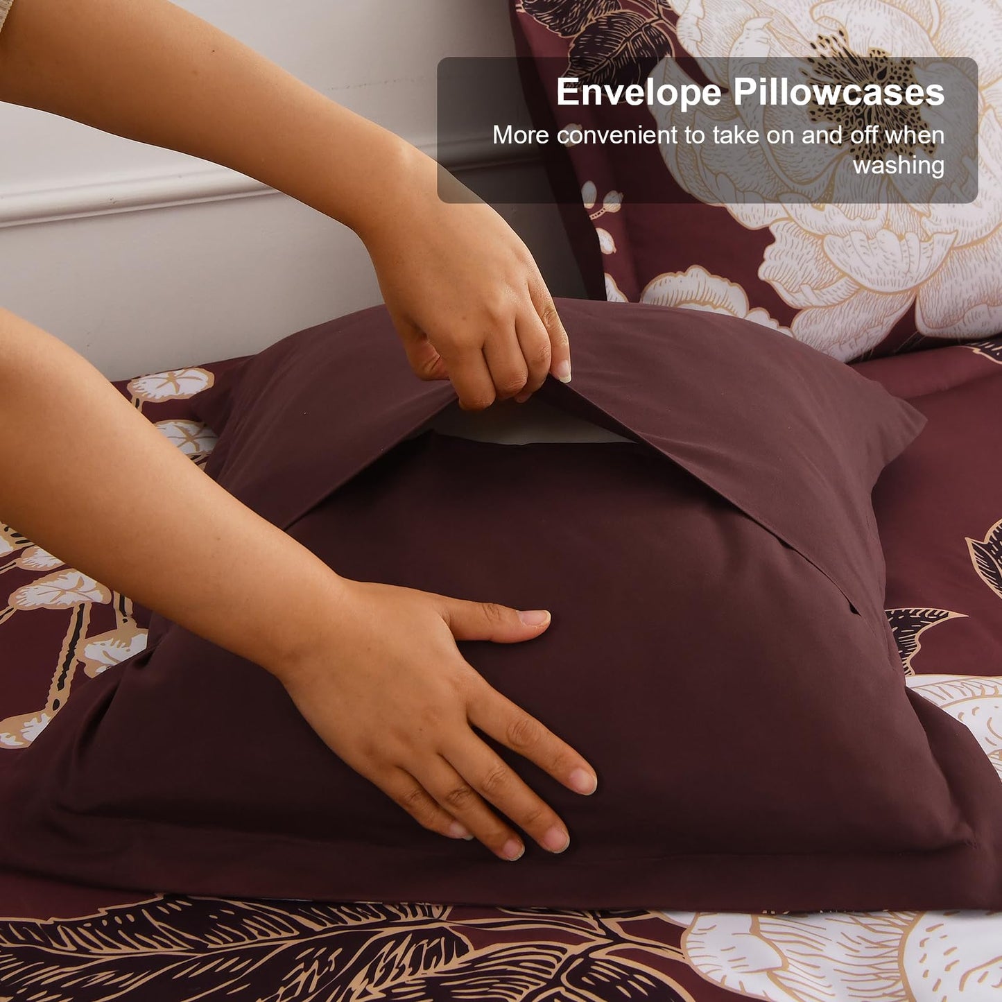 Luxudecor Burgundy Floral Queen Comforter Set 7 Pieces Bed in a Bag,Beige Flower Print on Burgundy Bedding Set,Soft Reversible Comforter with Sheets 90"x90"