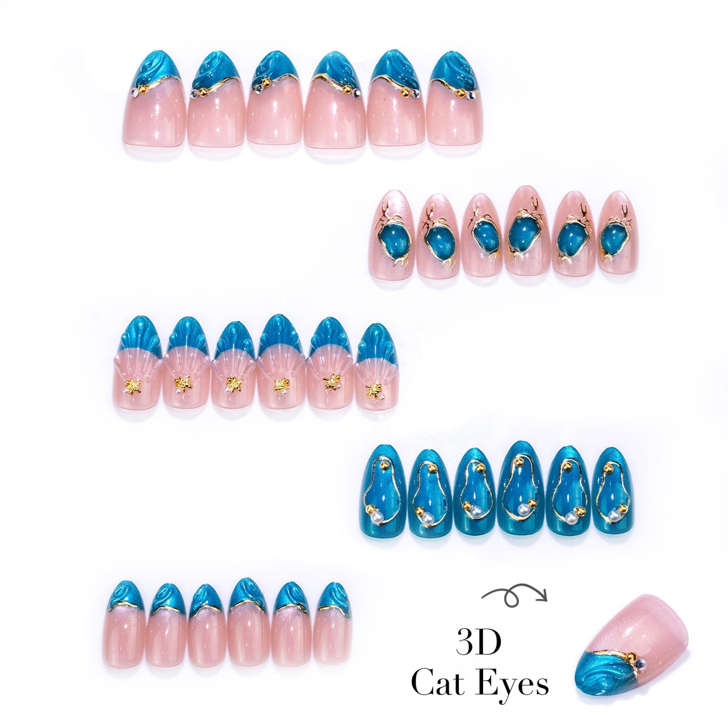 Medium Press on Nails Almond Fake Nails Blue Artificial Nail Metallic Seashell French Tips Gold Frame Pearl Gem Charm Luxury Mermaid Salon Style Stick on Nail for Women 30pcs