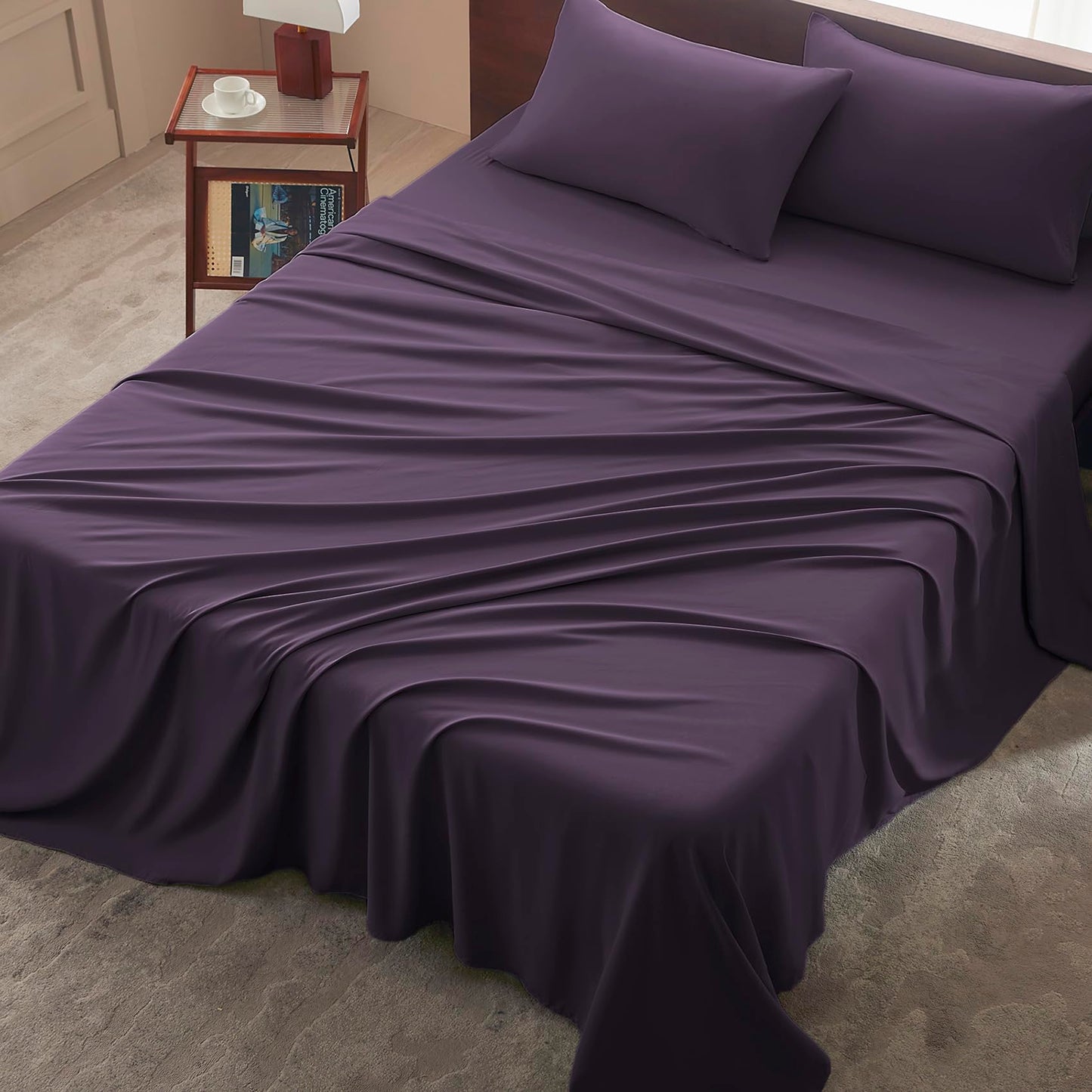 USXIBEI Queen Size 4 Piece Sheet Set - Comfy Breathable & Cooling Bed Sheets Set, Soft and Wrinkle Free, Deep Pockets, Easy & Secure Fit, Hotel Luxury Bedding - Oeko-Tex - Purple