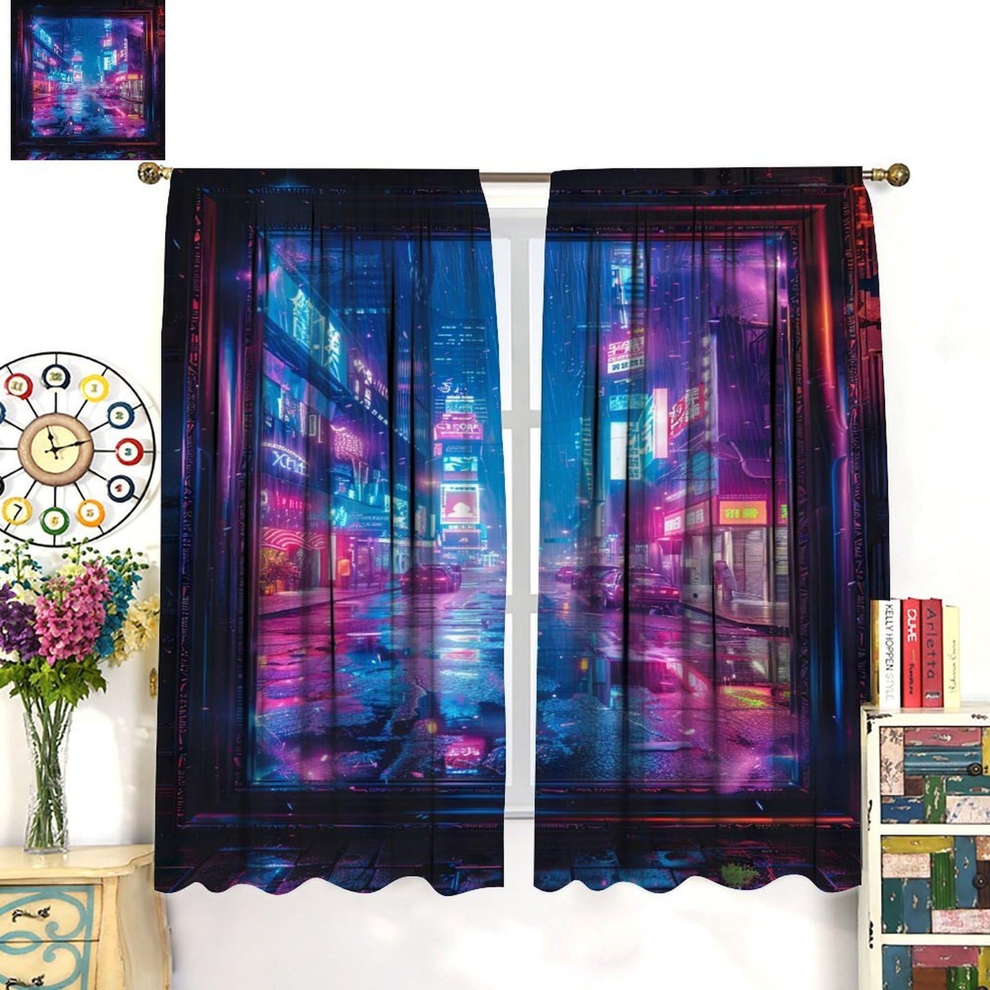 VUMIVI Cyberpunk Game Curtains Blue Futuristic Cityscape Skyscrapers Streets Car Wooden Frames Rod Pocket Window Treatments for Kids Boys Girls Gaming Bedroom Sci-Fi Tech Expo 42" W X 44.5" L