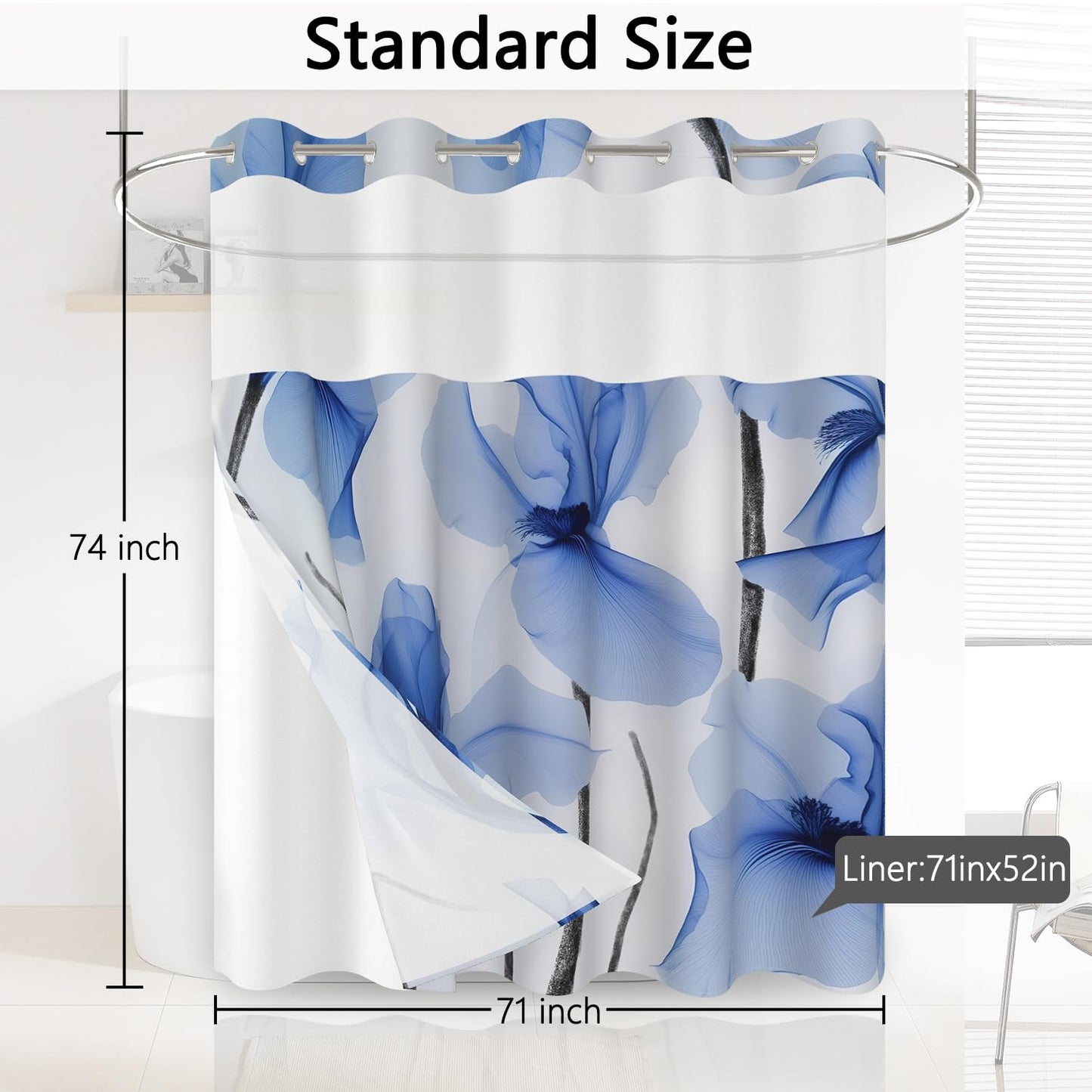 Xiazhilaio No Hook Iris Shower Curtain with Snap in Liner 71”W x74”H