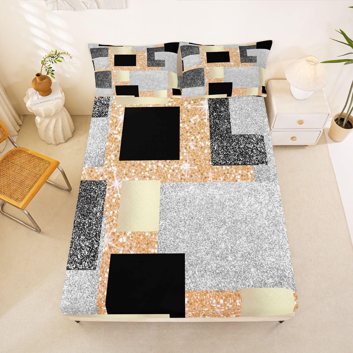 Feelyou Modern Abstract Bed Sheets Set Queen Size Geometric Aesthetic Bed Set Yellow Glitter Deep Pocket Fitted Sheet Breathable Soft Lightweight Microfiber