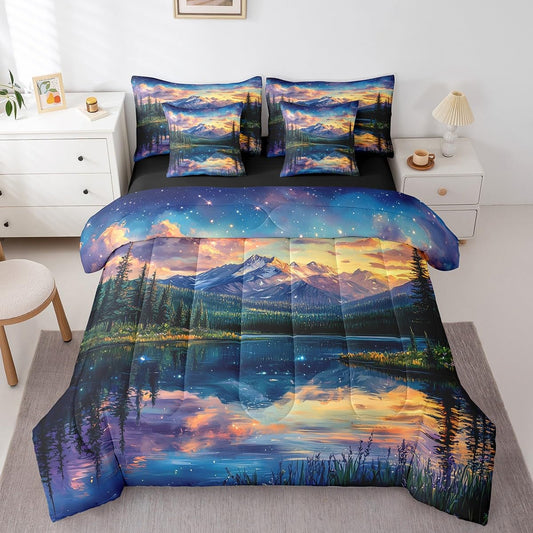 jejeloiu Mountain Lake Comforter Set with Sheets Twin Size Kids Dreamy Star Sky Tree 7 Pieces Bedding Set for Boys Girls Teens Nature Landscape Bed in a Bag Breathable Galaxy Bed Set Room Decor