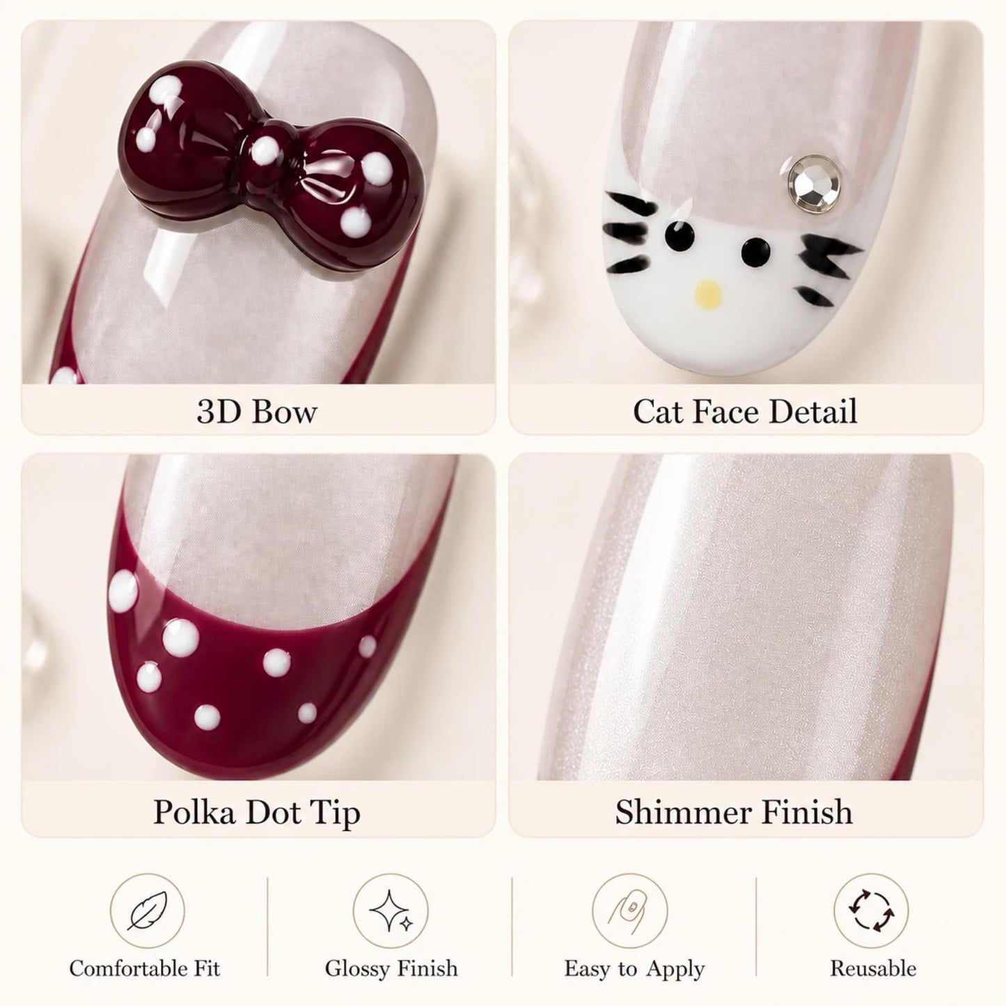 Tesytto Handmade Press on Nails Short Oval – Kawaii Cat Face 3D Bow Rhinestone Charm, Burgundy Gray Glitter French Tip False Nails, 10 Pcs Reusable Acrylic Nails (Cute Cat Polka,M)