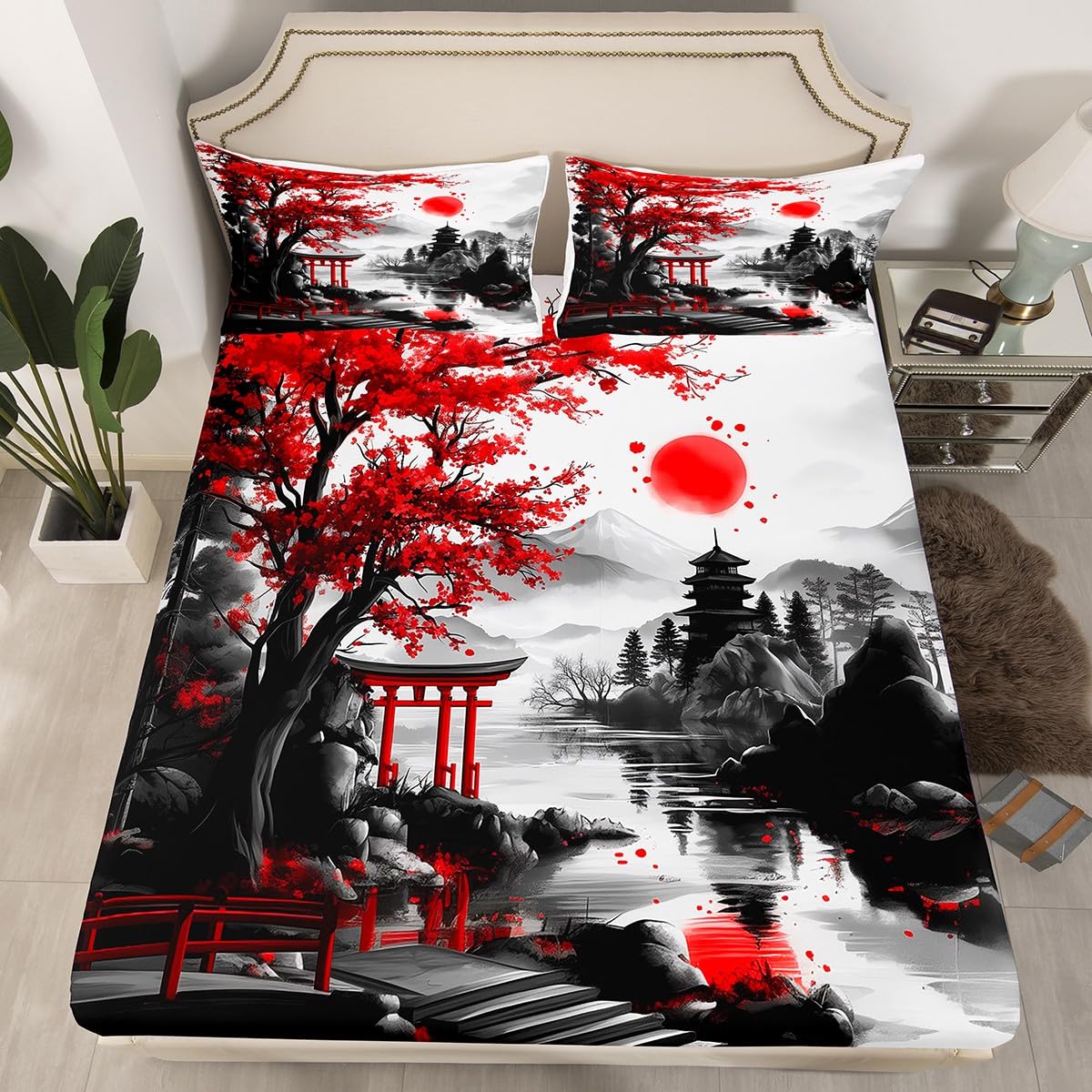 Feelyou Japanese Style Bedding Sheets Full Cherry Blossom Bed Sheet Set for Adult Kids Watercolor Fitted Sheet Natural Landscape Bed Cover 3Pcs,1 Fitted Sheet+2 Pillow Sham（No Flat Sheet）
