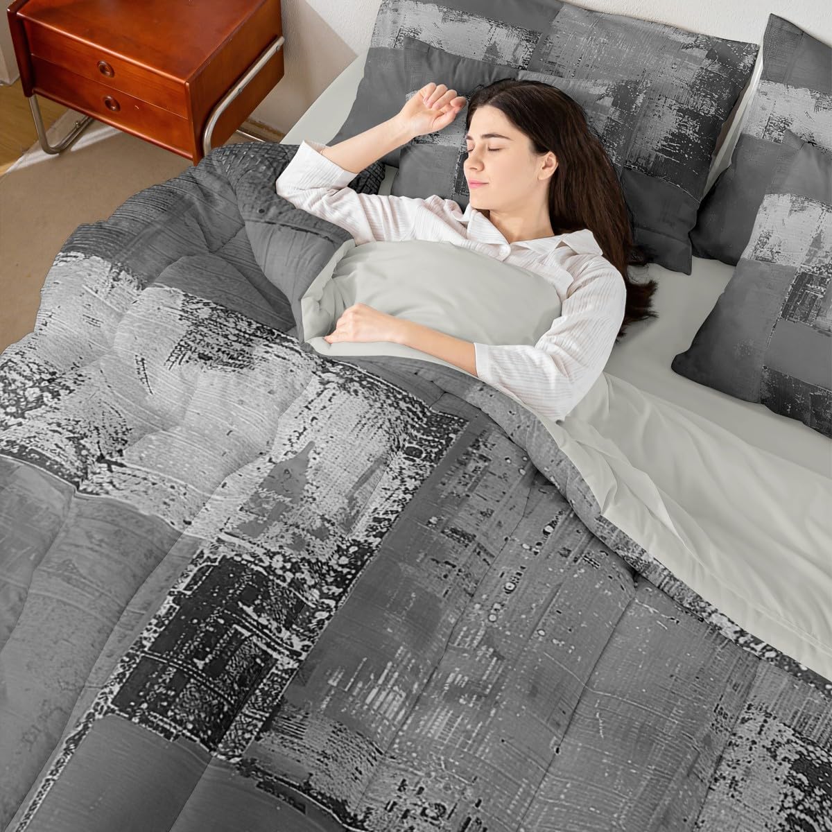 Feelyou Abstract Comforter Set with Sheets 7 Piece King Size Modern Abstract Art Bed in a Bag Kids Boys Girls Luxury Bedding Set Geometric Bedroom Decor Gray Breathable Soft Lightweight Microfiber