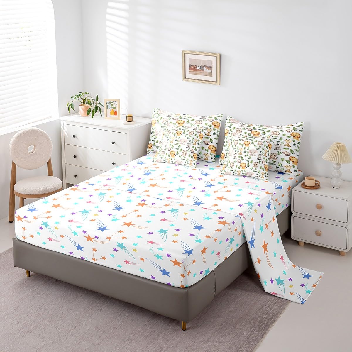 Erosebridal Cute Jungle Animal Twin Size Comforter Set with Sheets Kids Cartoon Zoo Animal 7-Piece Bedding Set Teens Giraffe Elephant Lion Bed in a Bag Green Palm Leaves Bed Quilt Sets