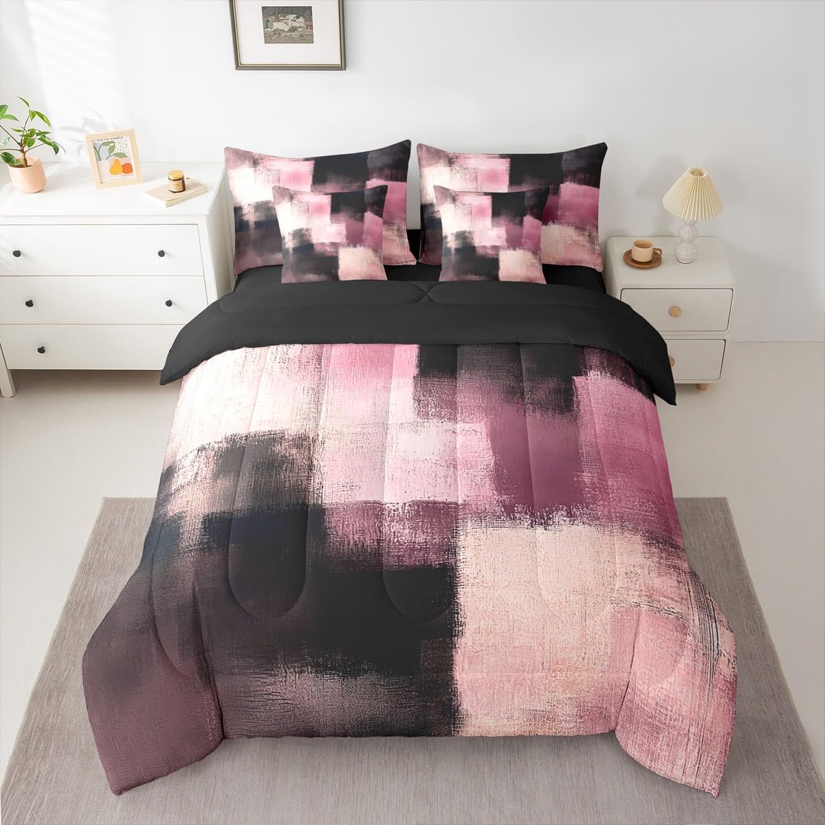 Feelyou Abstract Comforter Set with Sheets 7 Piece King Size Modern Abstract Art Bedding Set for Kids Boys Girls Luxury Bed in a Bag Geometric Room Decor Pink Soft Lightweight Microfiber