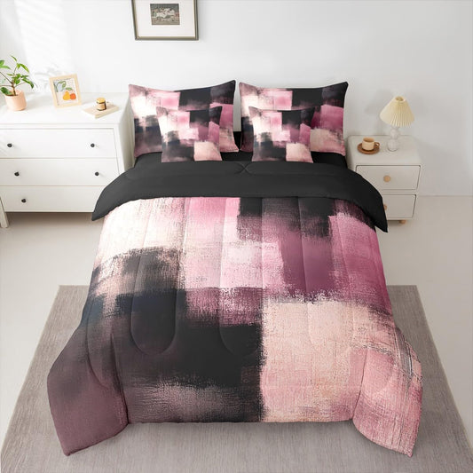 Feelyou Abstract Comforter Set with Sheets 7 Piece King Size Modern Abstract Art Bedding Set for Kids Boys Girls Luxury Bed in a Bag Geometric Room Decor Pink Soft Lightweight Microfiber