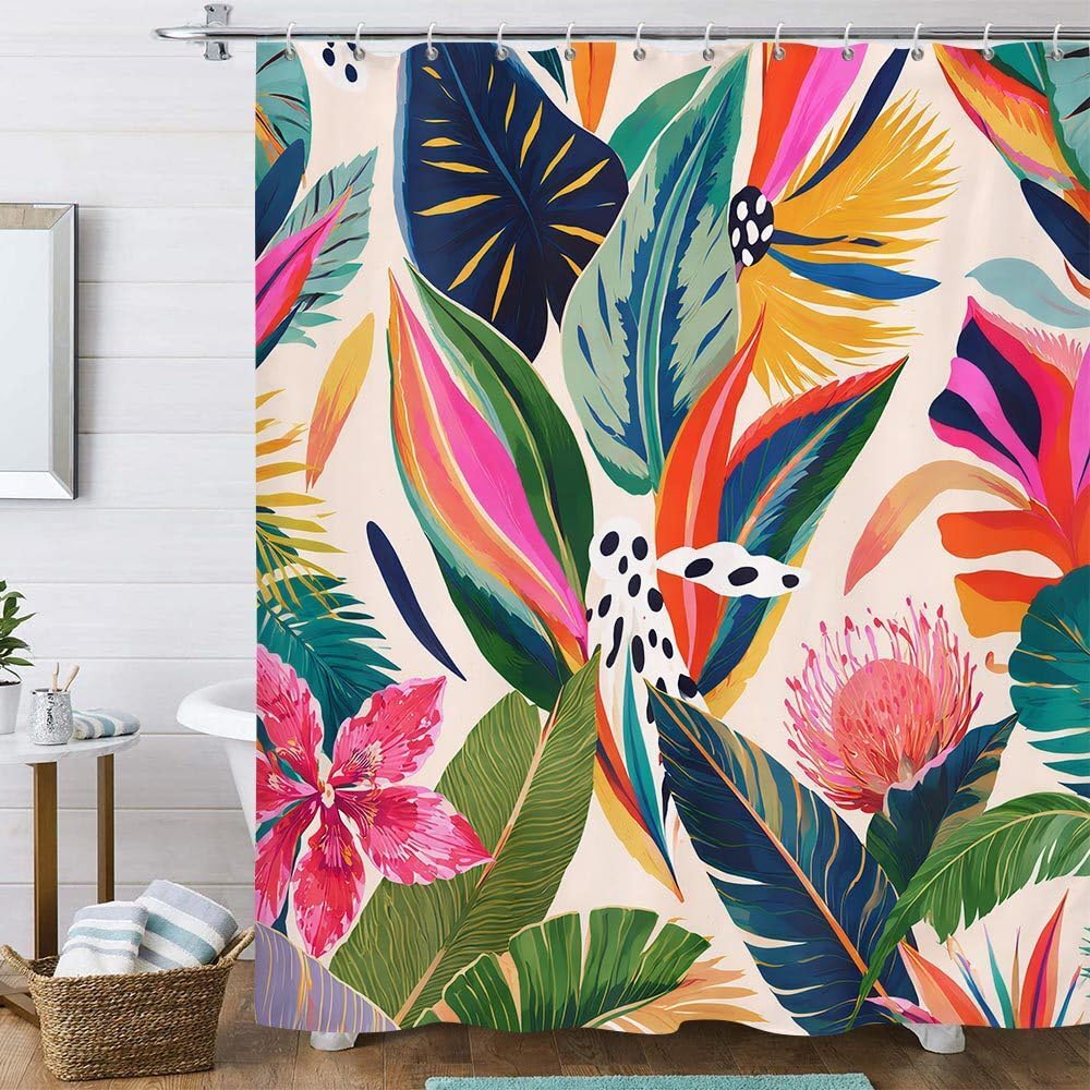 Hjokiupt Colorful Floral Shower Curtain, Boho Abstract Art Modern Asthetic Plant Leaf Bathroom Curtains, Waterproof Polyester Fabric Accessories Bath Curtain with Hooks 72x72 Inch