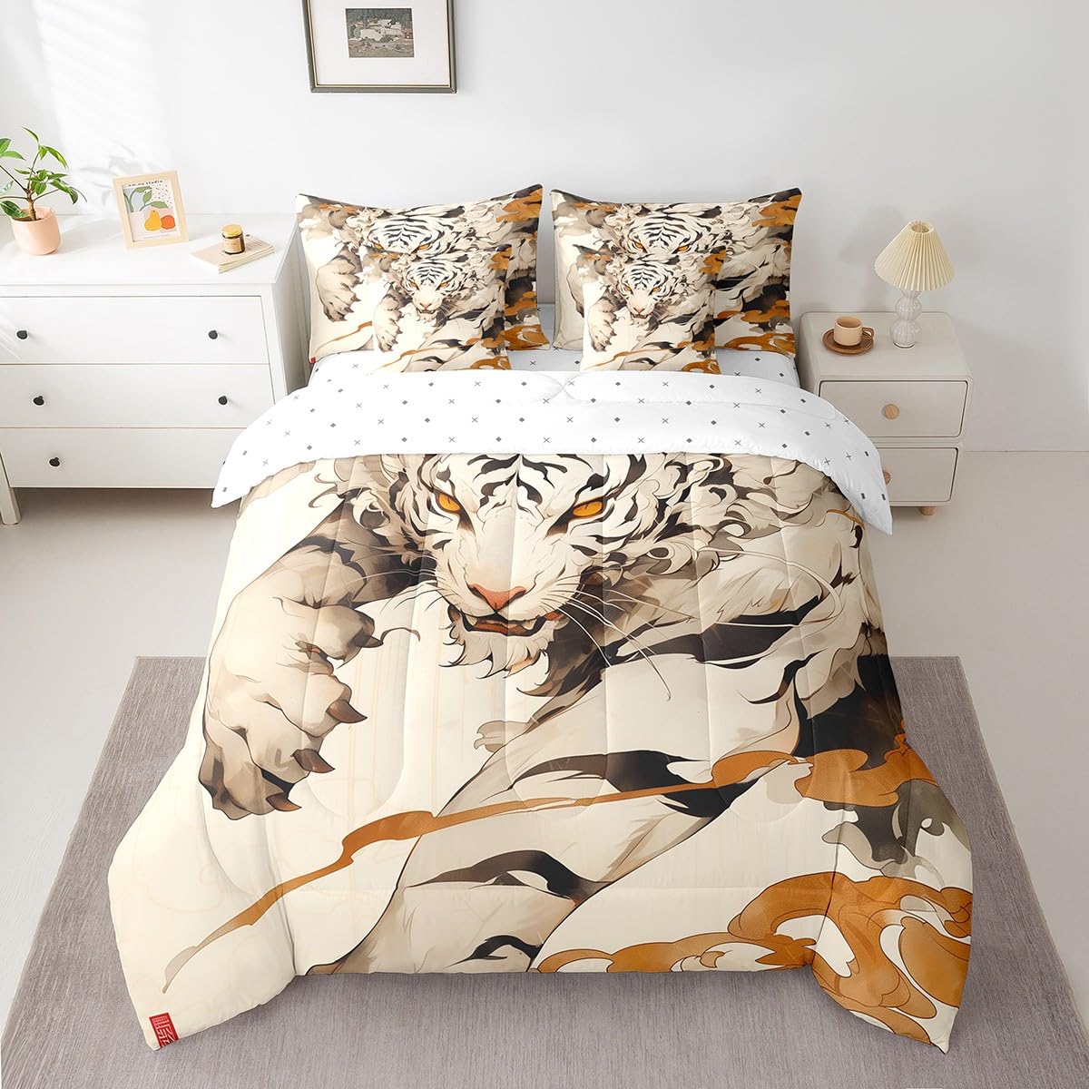 Erosebridal Tiger Full Comforter Set 7-Piece Woodland Wild Animal Bedding Sets Oriental Japanese Style Bed in A Bag 3D Cartoon Bed Sheets Set Youth Teenage Beige Room Decor,Soft for All Season