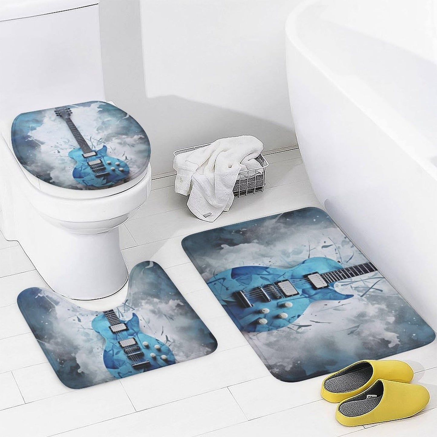 FOCCAFB 4Pcs Abstract Guitar Bathroom Sets with Shower Curtain Rugs Mats Blue Natural Musical Instrument Bathroom Decorations Sets with Non Slip Rugs Toilet Lid Cover Bath Mat, Style-2
