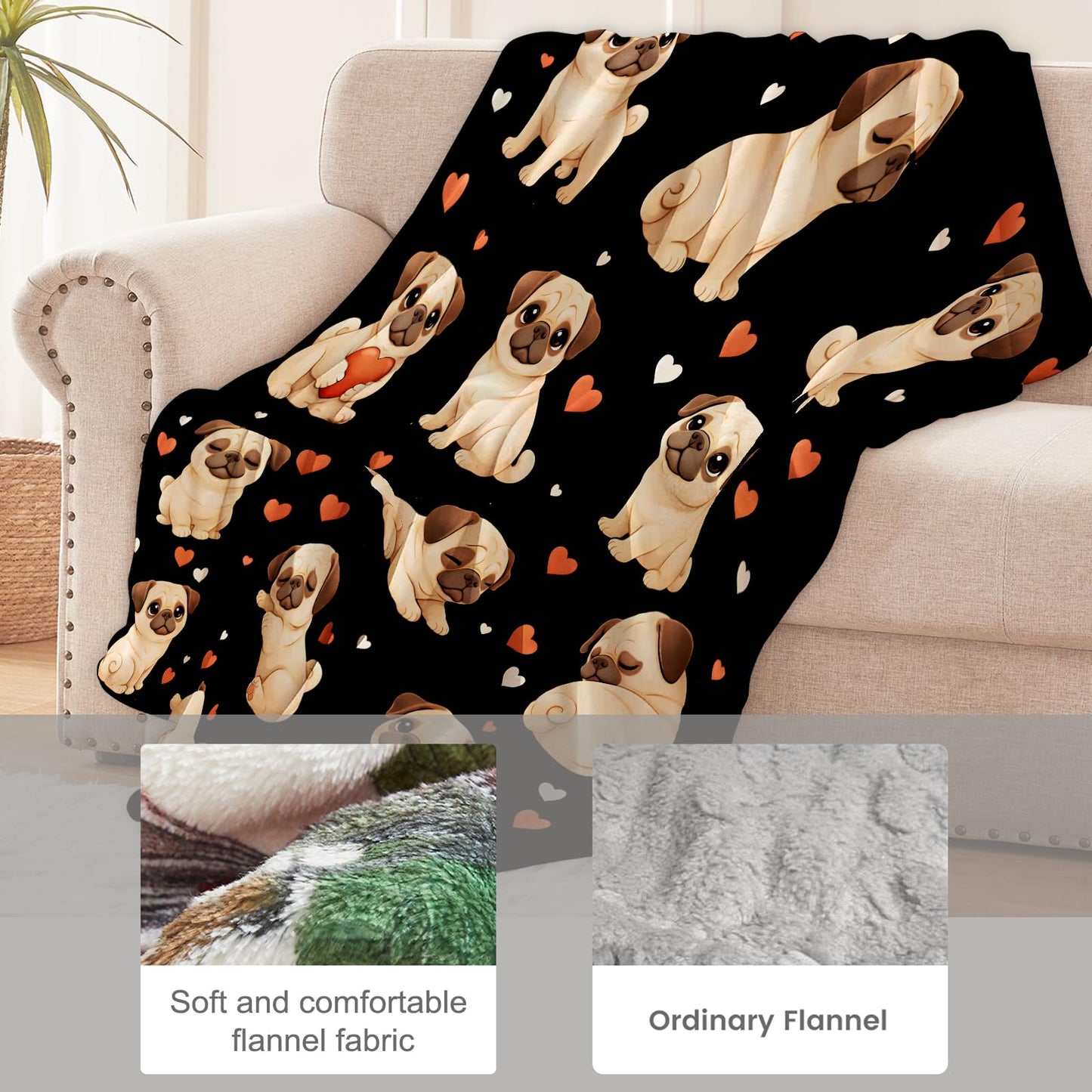 cromcu Cute Pug Blanket for Women Wife Girls, Adorable Dog Heart Flannel Blankets, Valentine Birthday Gifts, Black Soft Warm Cozy Throws for Sofa Couch Bed Living Room Bedroom Home Decor 60" x 50"