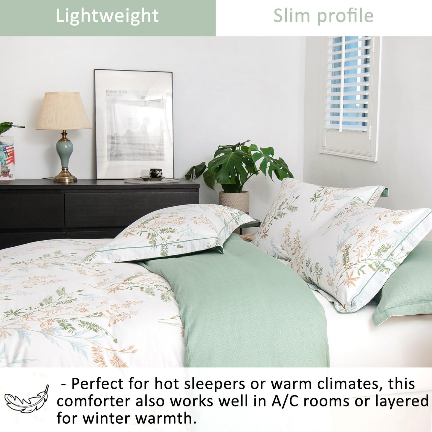 ALEISSEL Natural Cotton 3pcs Botanical Comforter Sets King Size-Green Comforter with Luxurious Tan & Gray Leaves on White, Reversible Lightweight Floral Bedding Sets(King 104"×90")