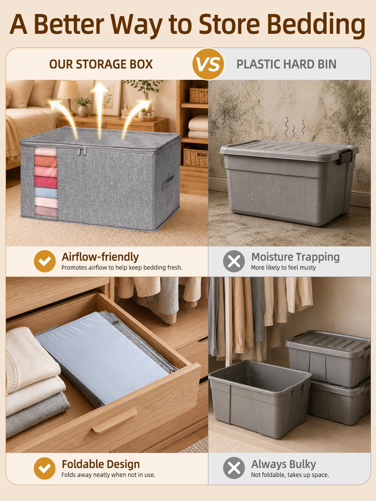 boailydi 60L Blanket/Comforter Storage Bag w/Rigid Side & Bottom Support, Stackable Clothes Storage Bin for Sweaters Bedding Sets Quilts Pillows, Closet Organizer, 21.7x14.2x11.8in, 2 Pack, Gray