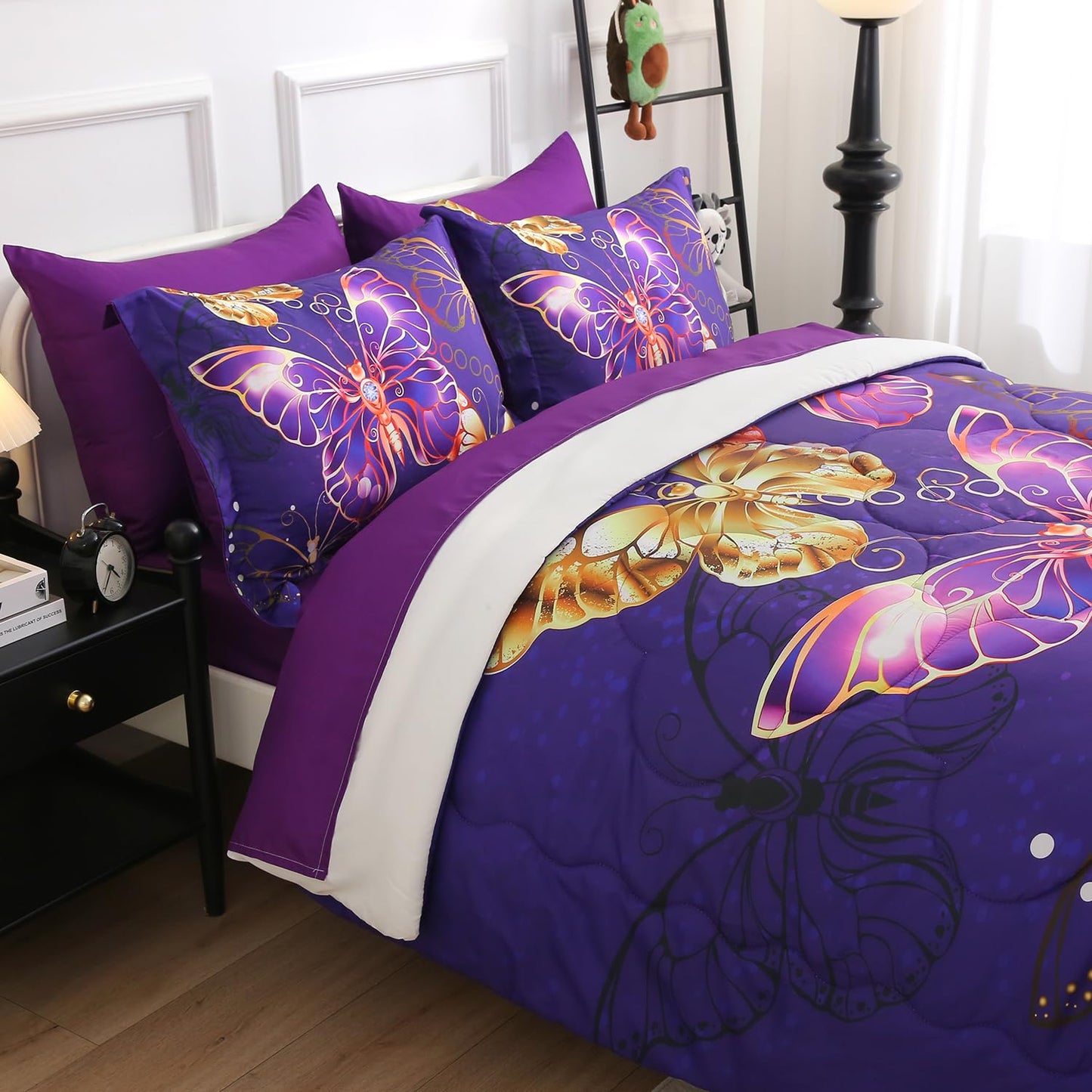Jameswish 7 Piece Butterflies Comforter Set Full Size 3D Gold Violet Butterflies Bedding Set for Kids Girls Women for Birthday Christmas Gift