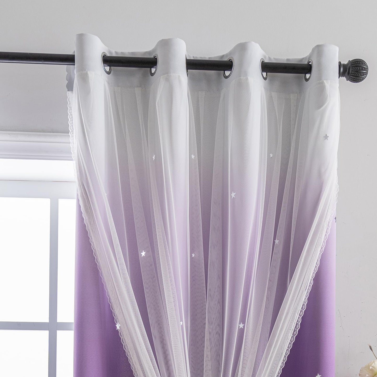 indistar Colourful Stripe Star Cut-Out Blackout Curtains for Bedroom,2 Layers Mix Design of Fabric & Tulle,Pretty Window Curtain for Kids Room 1 Panel (W52 x L72 Dark Purple)
