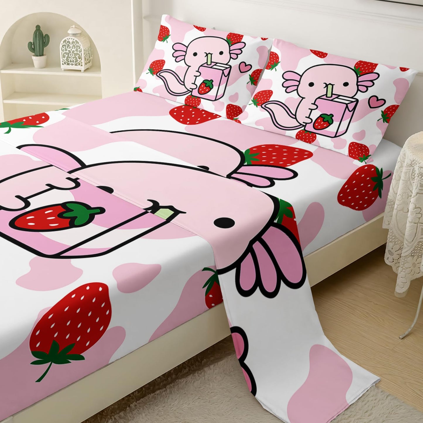 QOOMO Cartoon Axolotl Bedding for Boys and Girls Pink Cow Print Kids Sheets Set Strawberry Milk Breathable Room Decoration Twin Size 1 Fitted Sheet, 1 Flat Sheet, 2 Pillow Cases