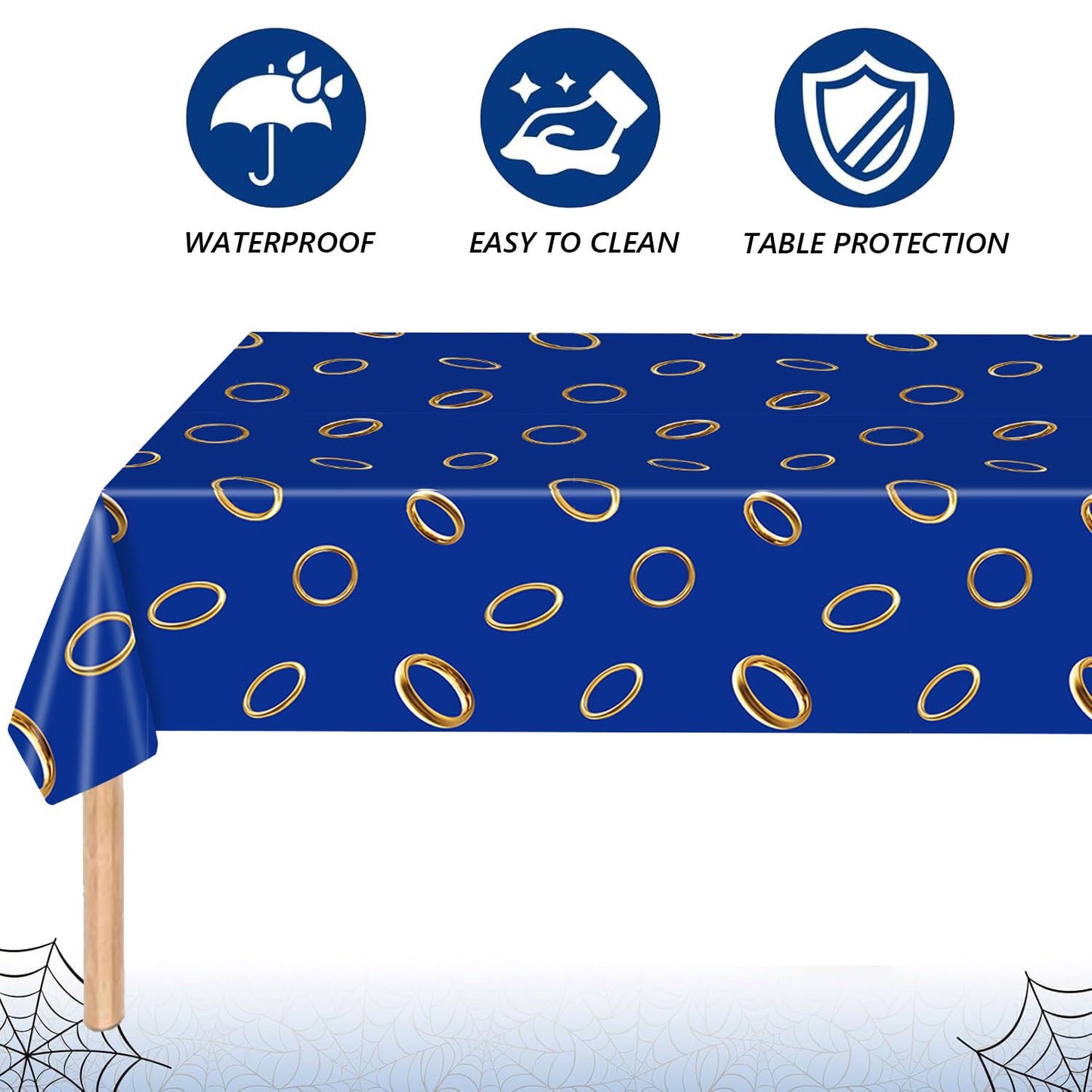 ANLLECR 3Pcs 108 x 54 Inches Blue with Gold Ring Print Tablecloth，Blue Disposable Rectangle Plastic Table Cover for Boys Girls Birthday Party Decoration