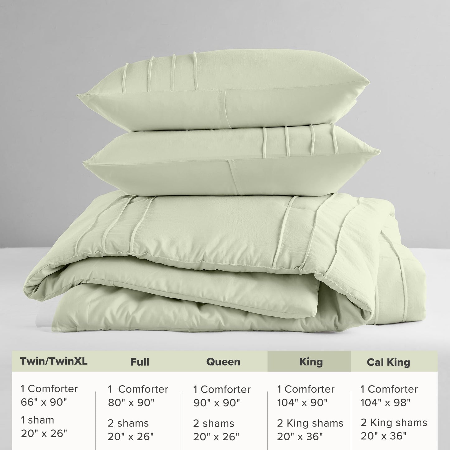 Comfort Spaces Sage All Season Lightweight Comforter Set - 3 Piece Pintuck Pleated Bedding Set, Extra Soft Pre-Washed Microfiber, Shams, King/Cal King