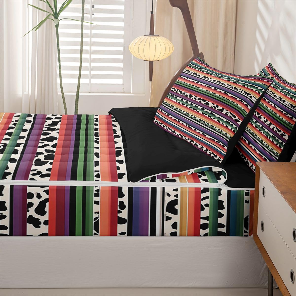 Rainbow Striped Zipper Bedding Set Queen Zip Up Bedding Purple Pink Cow Print Comforter Set with Sheets for Boys Girls,Black and White Cowhide Bed in a Bag Bull Farm Animals Western Bed Sets