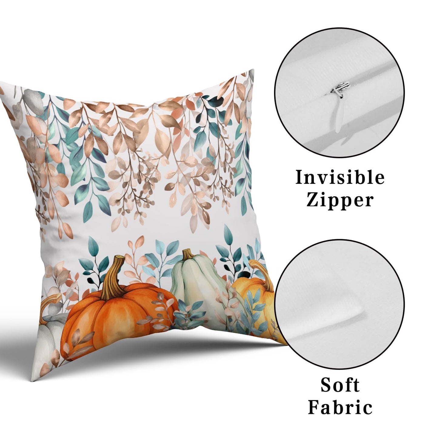 Giwawa Fall Pumpkin Pillow Covers 18x18 Inch Teal Orange Autumn Leaves Throw Pillow Case Decorative Thanksgiving Cushion Cover for Home Couch Sofa Farmhouse, Set of 2