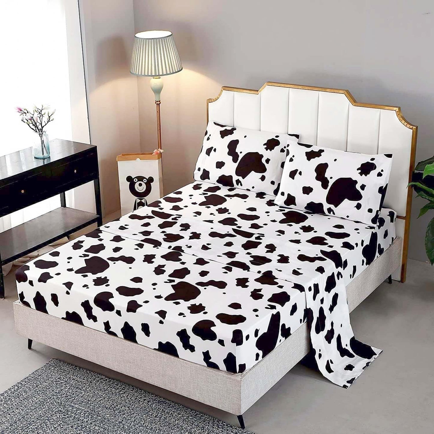 SDY 4 Pieces Bedding Sheets Set,Cow Print Queen Size,Lightweight Super Soft Sheet Sets,Deep Pocket Fitted Sheet & Cute Top Flat Sheet & 2 Pillowcases for Adult (Cow,Queen)