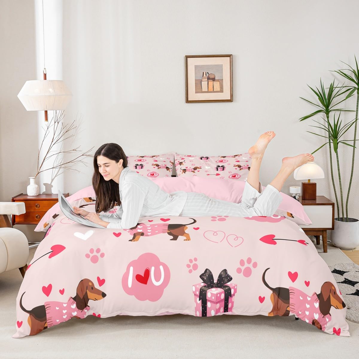 Cute Dachshund Bedding Sets King Size,Valentine's Day Duvet Cover Set 3Pcs for Kids Girls Boys Adult Room Decor,Pink Love Heart Print Comforter Cover Romantic Dog Paw Quilt Cover,2 Pillowcases