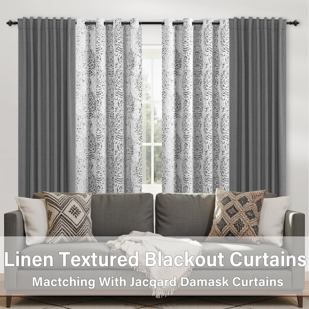 KOUFALL Patterned Blackout Curtains for Bedroom 84 Inch Long,Grey Light Gray Black Out Moroccan Geometric Pattern Curtains for Living Room 2 Panels Set