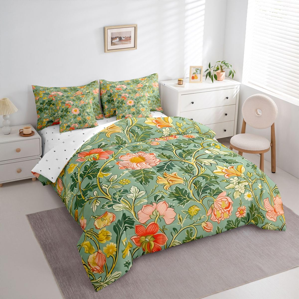 Erosebridal Lotus 7 Piece Bedding Set Twin Floral Comforter Set with Sheets Farmhouse Plant Leaves Botanical for Kids Boys Girls Pink Flowers Petals Daisy Bed in a Bag