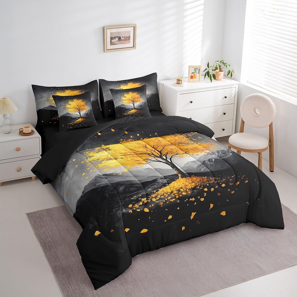 Gold Tree Branches Pattern 7 Pieces Bedding Set Twin Size Kids Leaf Branches Bed in a Bag with Comforter, Sheets, Pillowcases Smoky Mountain Bed Set Breathable Botanical Room Comforter Set with Sheets