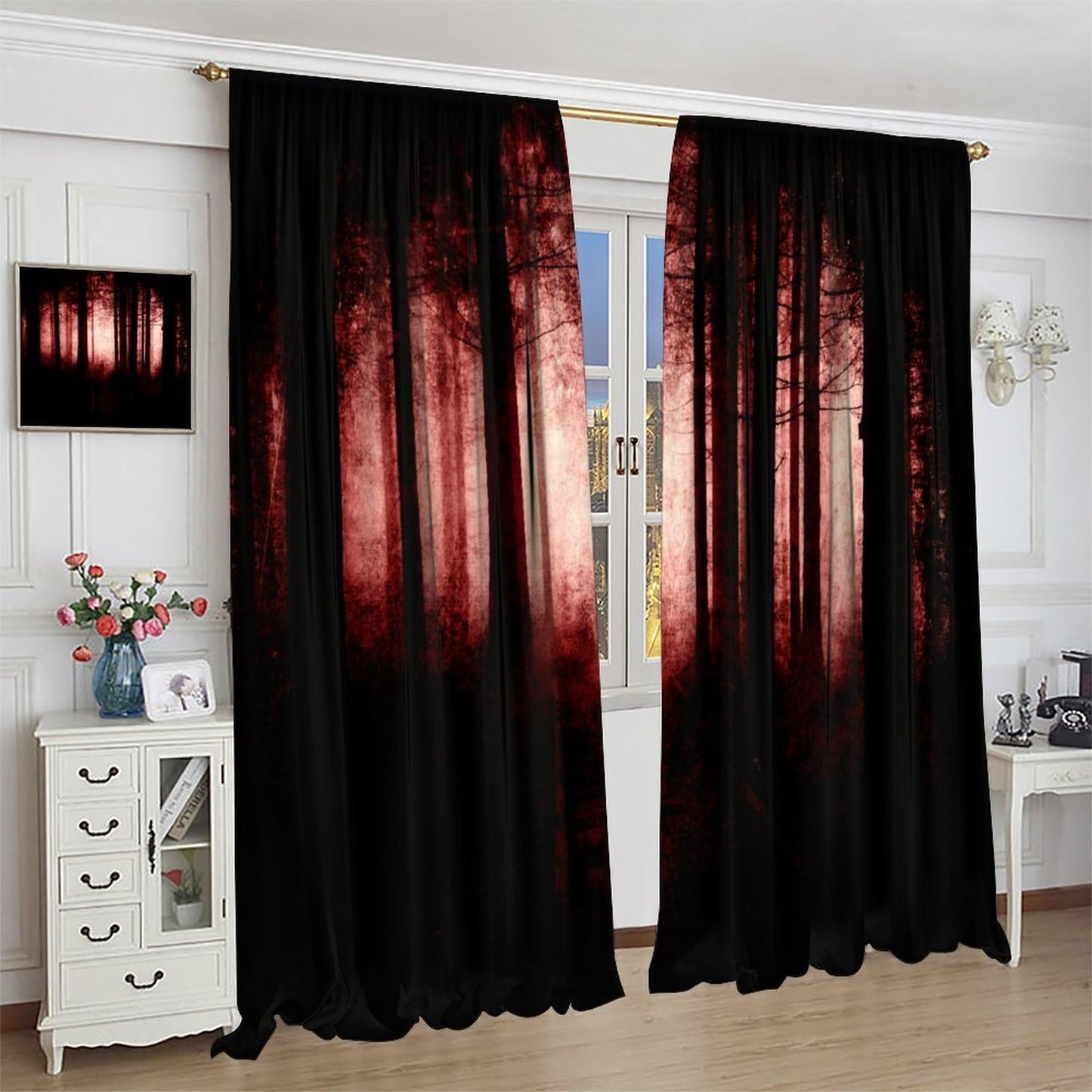 SHElifestyle Gothic Dark Red Forest Curtains, Haunted Creepy Landscape Misty Forest Window Treatments Spooky Horror Halloween Forest Window Drapes for Bedroom Living Room W42 X L45