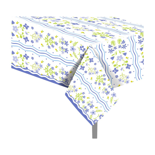 CC HOME 1Pc Blue Flowers Party Plastic Tablecloth 54 x 87 Inch Long Table Cover, Fresh Wildflowers Party Tablecover for Floral Theme Kids Baby Shower Birthday Dinner Picnic Kitchen Event