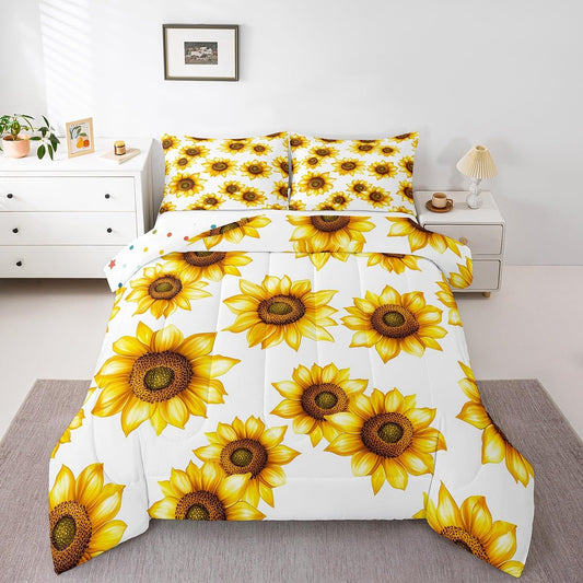 Sunflower Queen Size Bedding Set 3D Floral Botanical Comforter Set Yellow Flowers Bedding Comforter Sets Pastoral Sunflower Decor For Home Quilt Stylish Garden Theme Bedding With 2 Pillowcases, White