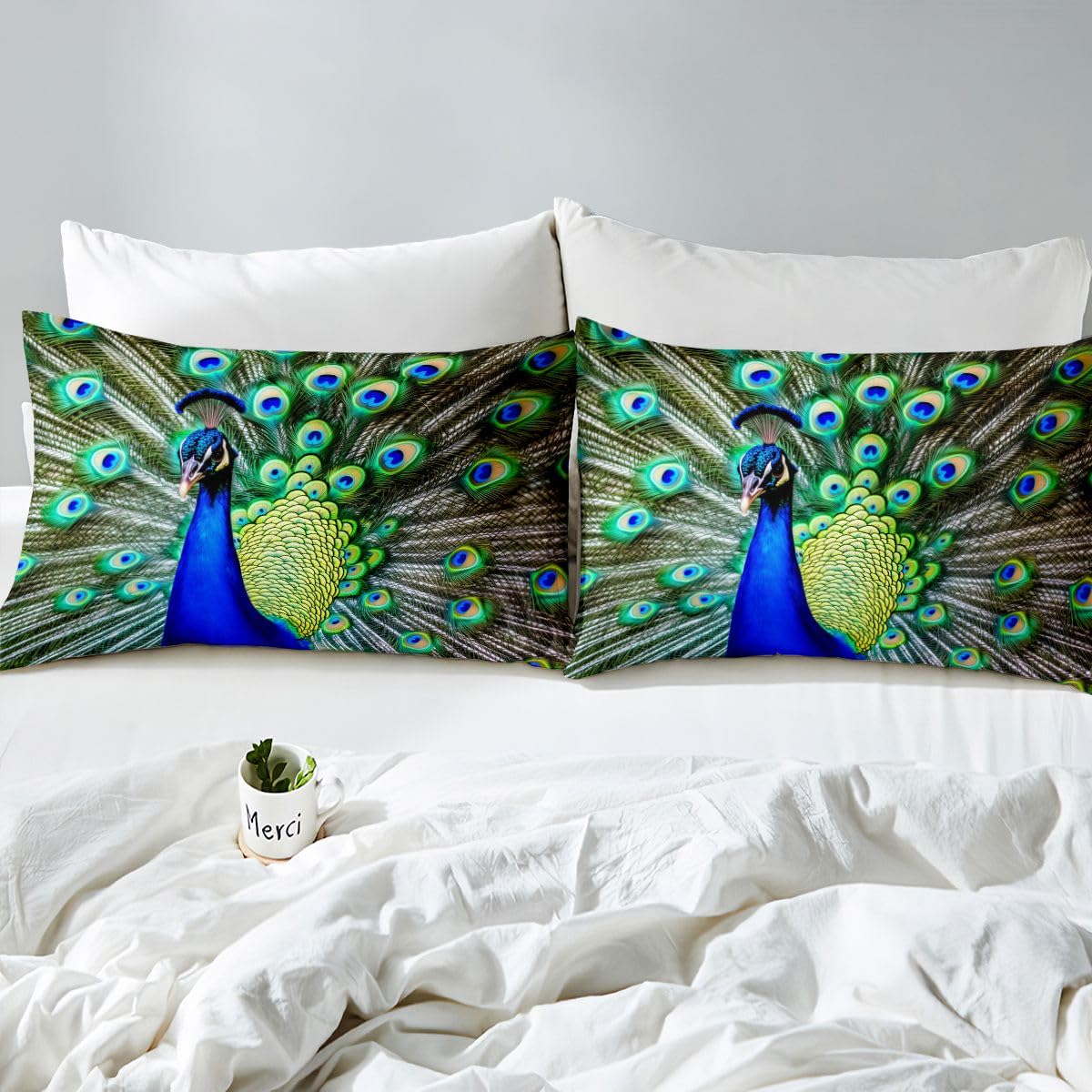 Peacock Duvet Cover King Size Green Cute Animal Pattern Bedding Set Peacock Feather Printed Decor Comforter Cover Set with Zipper Ties Adult Women Soft Quilt Set,1 Duvet Cover with 2 Pillow Cases