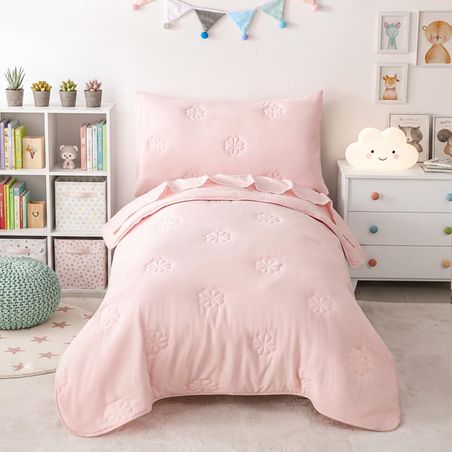 DreLunis Pink Toddler Bedding Sets for Girls, 4 Pieces Soft Microfiber Floral Embroidery Toddler Bed-in-a-Bag Includes Soft Comforter, Flat Sheet, Fitted Sheet, Envelope Pillowcase