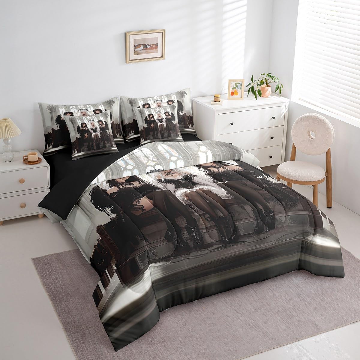Erosebridal Japanese Anime Queen Comforter Set 7 Piece, Anime Girl Bedding Set Kawaii Japanese Style Sheet Set Cartoon Japan Animation Bed in A Bag for Boys Youth Teens Adult Women Bedroom