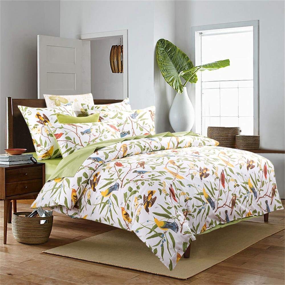 Brandream Eastern Floral Birds Chinoiserie Blossom Duvet Quilt Cover White Green Asian Style Botanical Tree Branches Ornamental Drawing (Queen)